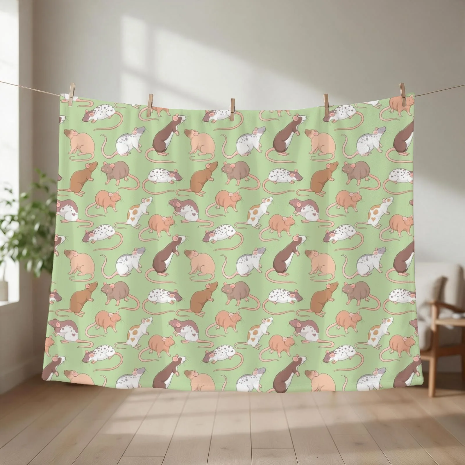 Cute Rattie rats illustration patter against green background Whimsicolour art Throw Blanket