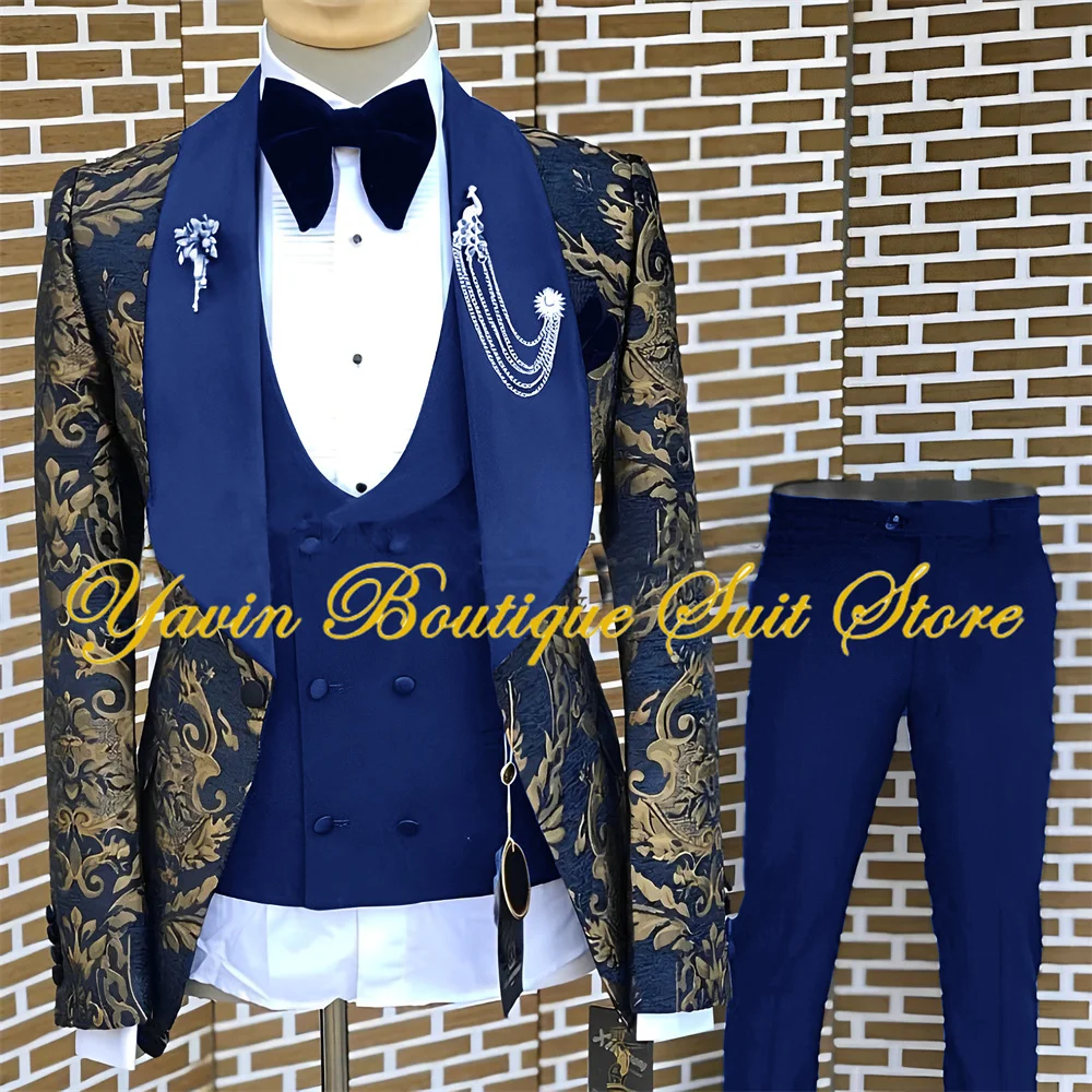 

Fashion Gold Floral Men Suit 3 Pieces Lapel Jacquard Jacket Pants Vest Set Wedding Groom's Tuxedo Formal Party Men's Blazer