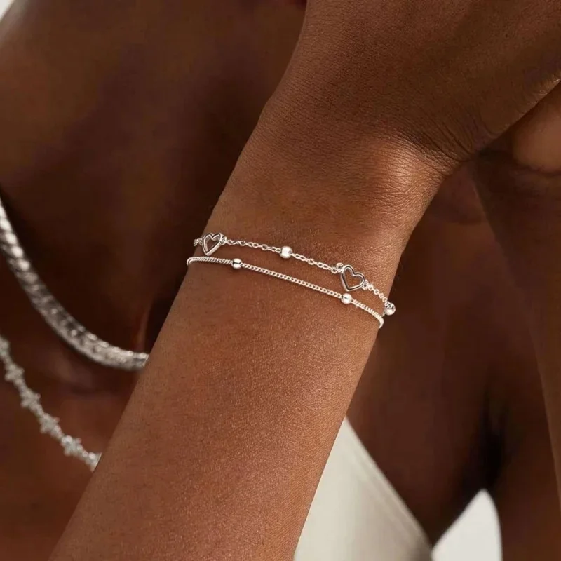 2 Stück geschichtete Schlangenketten-Armbänder für Frauen, zierliche vergoldete Herz-Accessoires, Handkette, Schmuck für Freundin, Geschenk – Detail 3