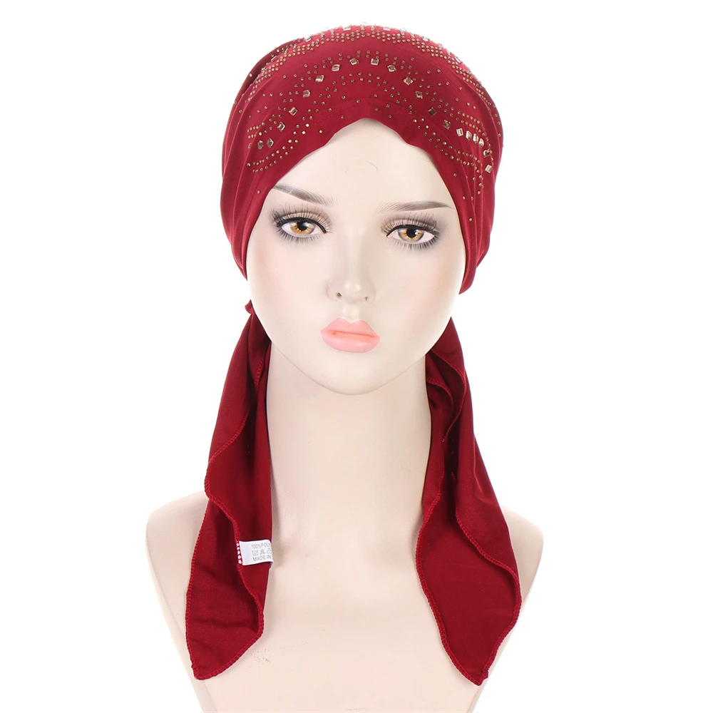 2024 New Muslim Womens Turban Chemo Hat Head Scarves Diamonds Solid Color Slip-On Pre-Tied Headwear Bandana Sleep Hair Cover