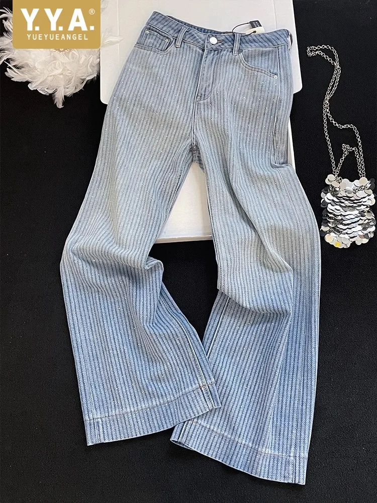 New Style Diamond Retro Female Jeans Straight-Leg Pants High Waist Daily Casual Loose Fit Office Lady Full Length Denim Trousers