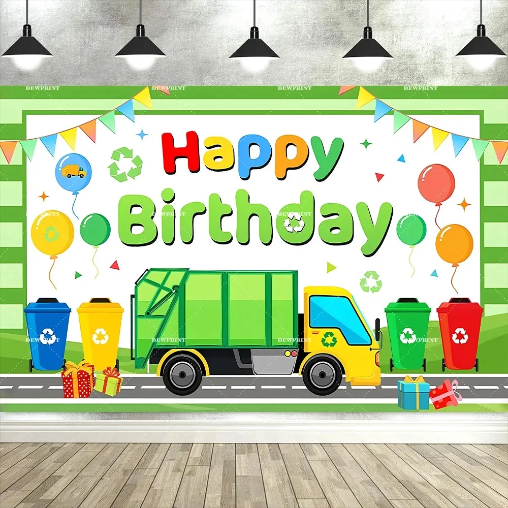Garbage truck environmental theme birthday banner photography background, children's green garbage truck banner background props