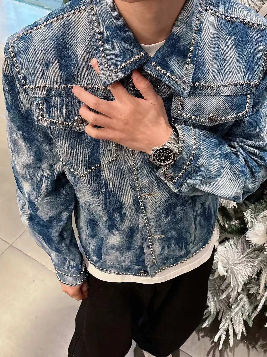 2025 Spring and Autumn New Denim Coats Long Sleeve Rivet Denim Jackets Men's Personality Trendy Tie-dye Lapel Motorcycle Jacket