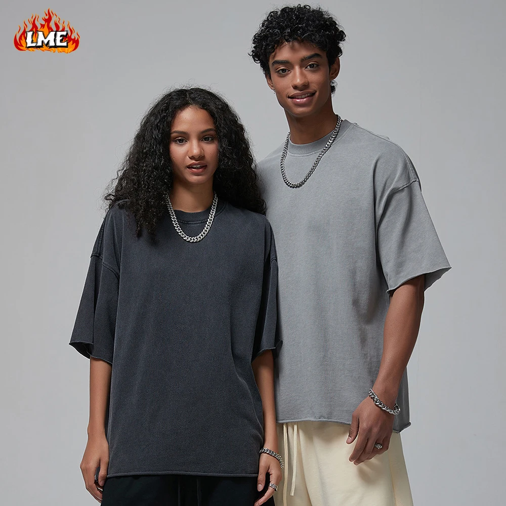 2025 New Arrival 305g Vintage Acid Washed Rolled Edge 5 Color Plain Blank Oversized Drop Shoulder Men's Short Sleeved T Shirt
