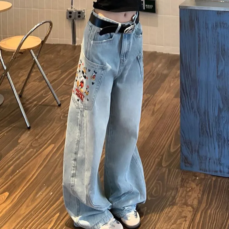 

Джинсы с принтом Микки Диснея, женские ковбойские брюки в американском стиле ретро, универсальные кривые брюки для пикантной девушки