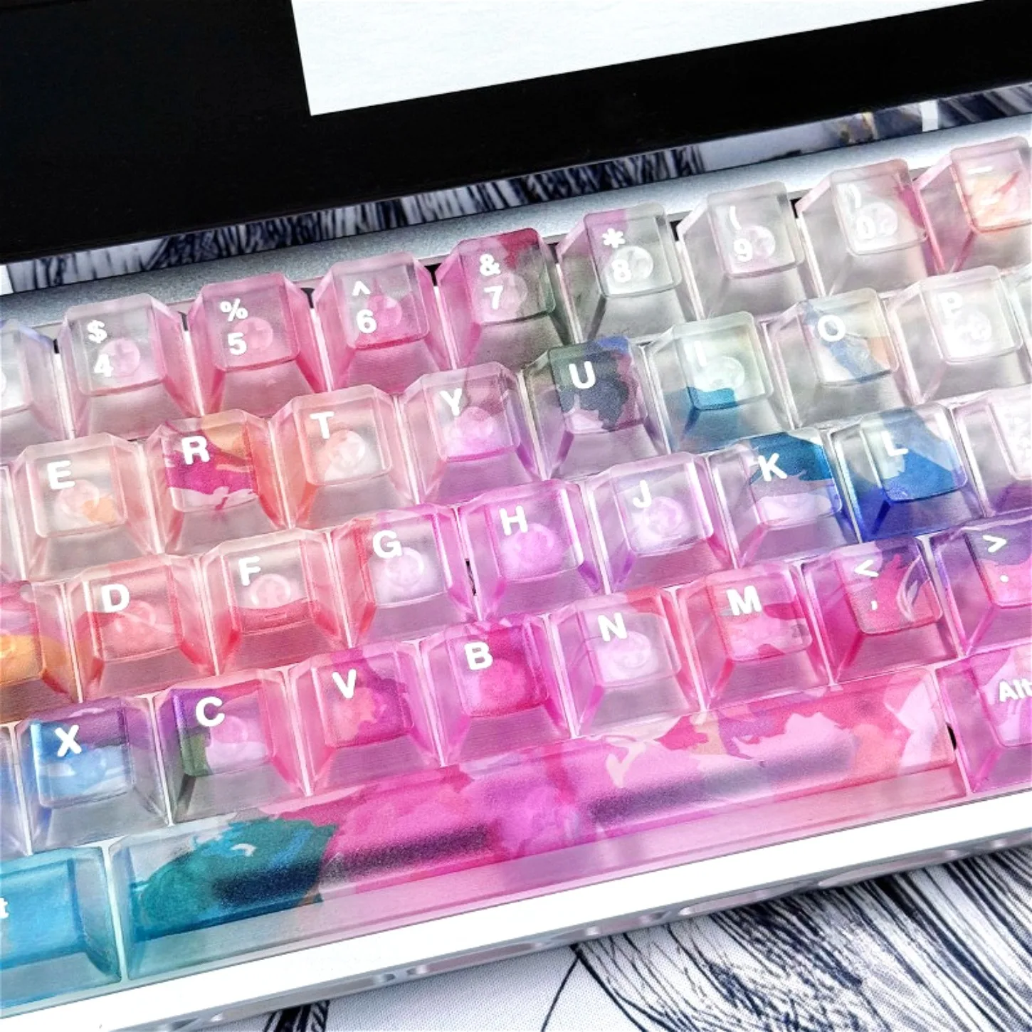 Cherry Broken Ice Rose Mist Transparent Key Cap Kit PC 130 Key Transparent Adaptor 61/75/87/104/108 Mechanical Keyboard