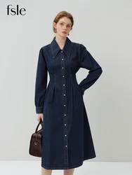 FSLE French Temperament Design Sense Length Optional 100% Cotton Denim Dress 2023 Autumn New Style Single-breasted Dress Female