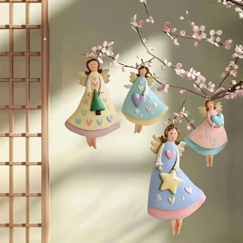(Ce14)4PC/Set Vintage Angel Hanging Decor Fantasy Wooden Xmas Tree Hanging Ornament Decor For Home New Year Gift Christmas Decor