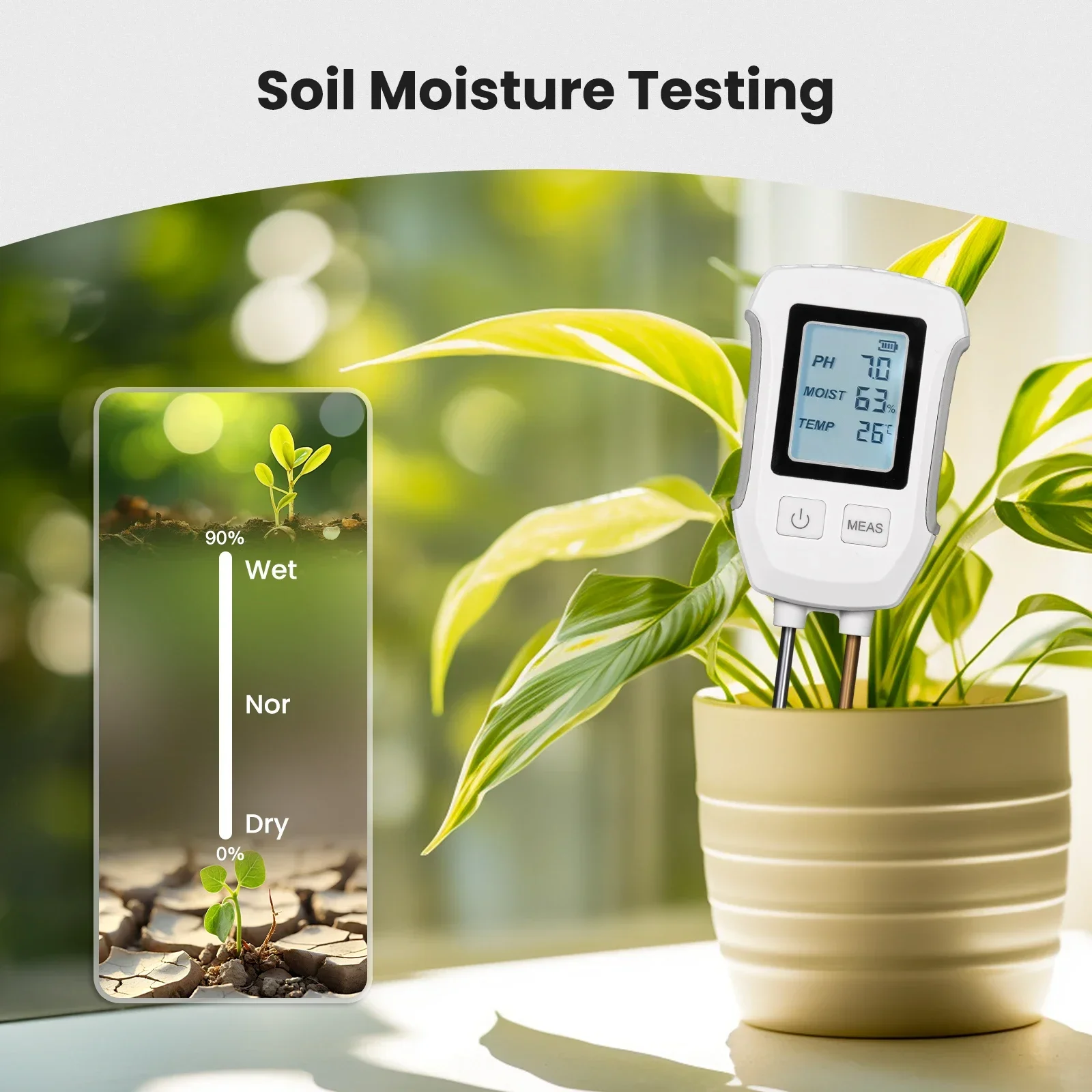 MOES-3 em 1 Solo PH Detector Tester, tela LCD, termômetro, temperatura, medidor de umidade, jardinagem, flor, vasos, plantio