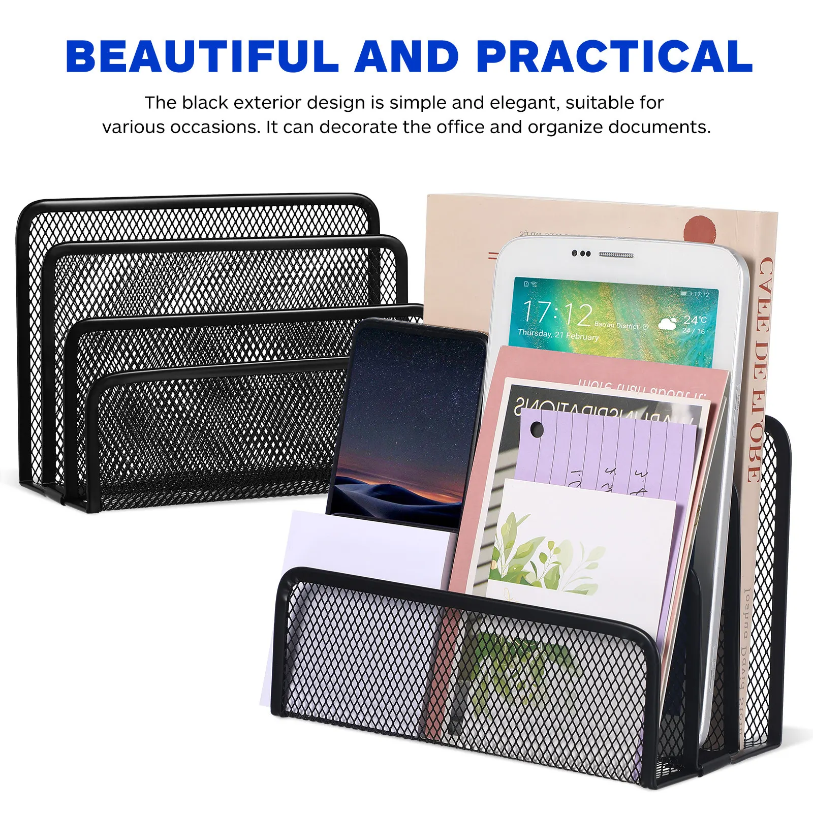 Tri-Section Metal Desk File Organizer Compact Desktop File Holder Document Sorter Letter Magazine Brochure Storage Rack Office