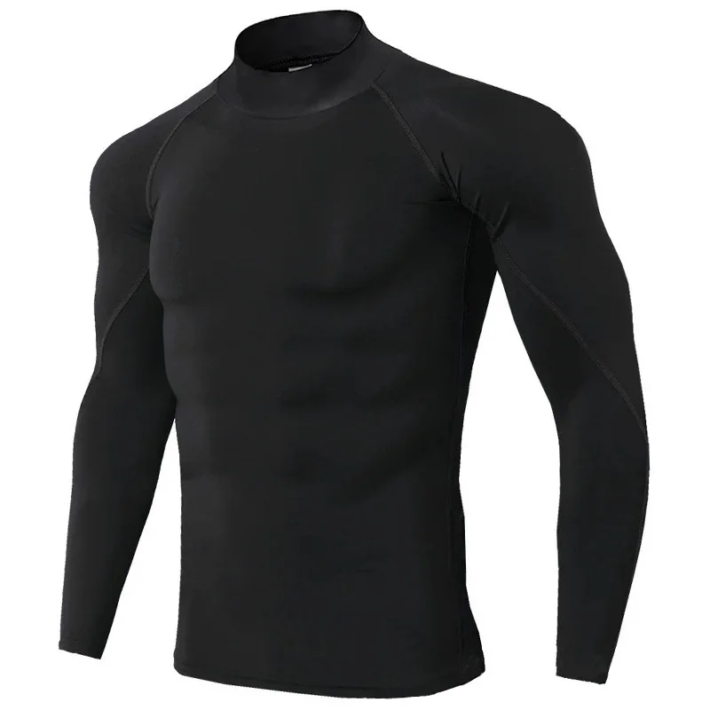 Men's Performance Long Sleeve Workout Shirt - High-Neck Elastic Collar & Quick-Dry Compression Fit