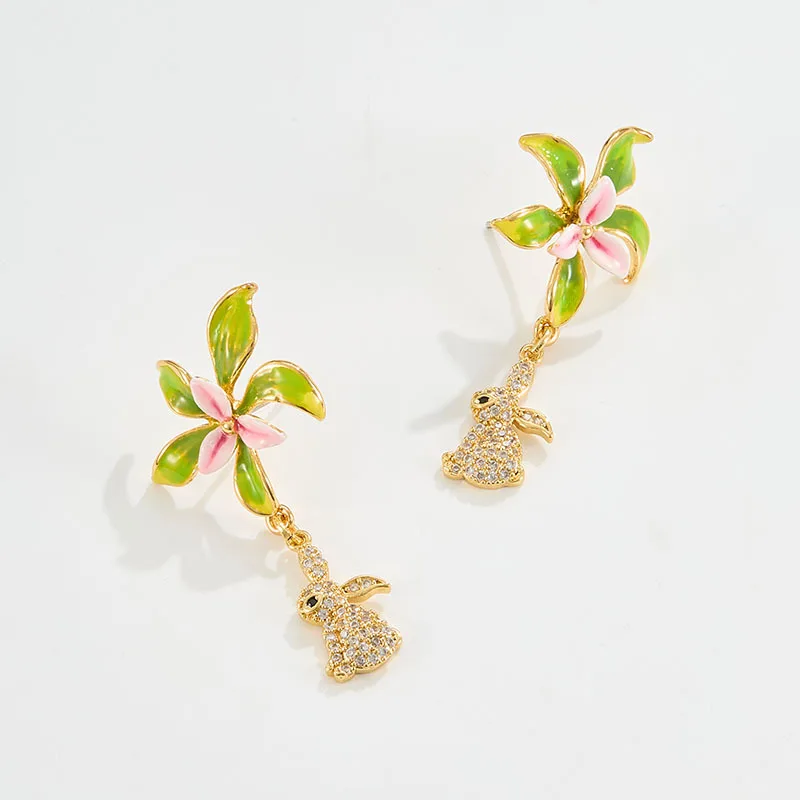 Boho Retro Hand-painted Enamel Flower Cubic Zircon Paved Rabbit Earrings Niche Personality Design Three-dimensional Earrings