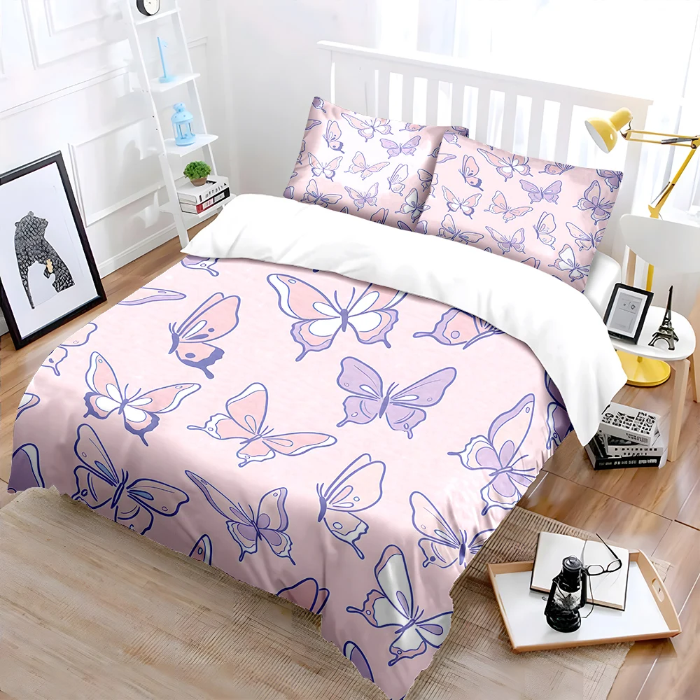 Pink background with purple butterflies Pattern Duvet Cover Set Digital Print Colorful Polyester Bedding with Zipper Closur
