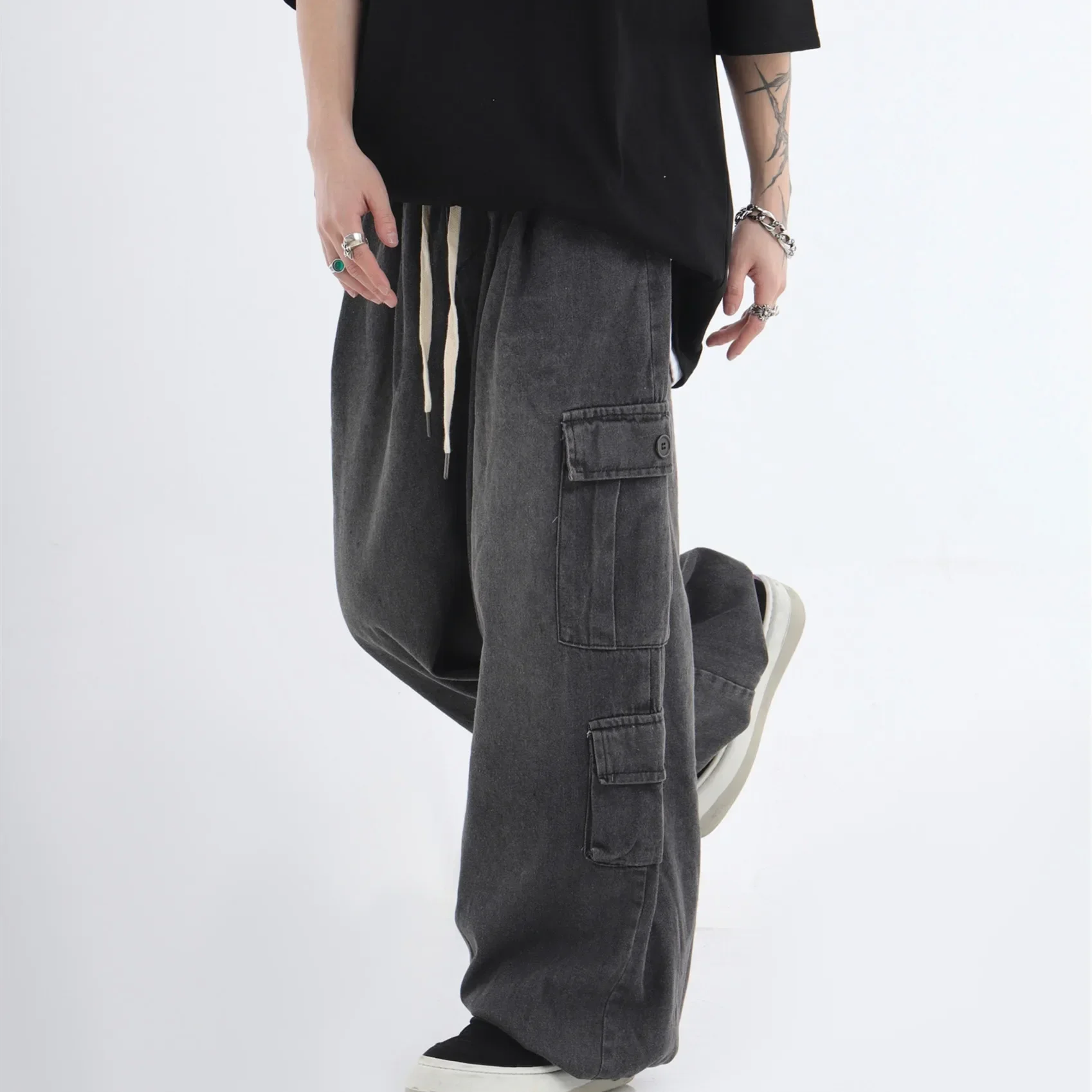

2024 Men's Spring and Autumn New Three-dimensional Pocket Jeans Hip Hop Couples Washed Loose Wide-leg Pants Men and Women