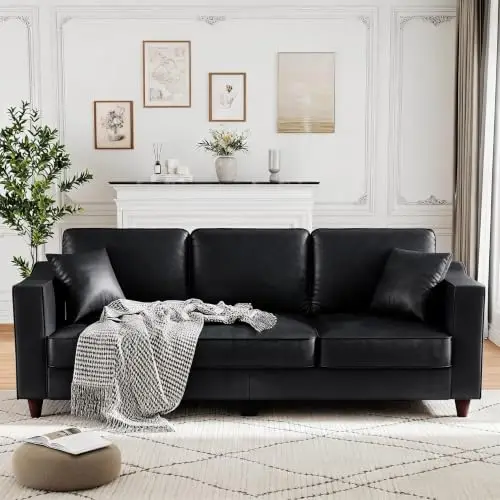 3 Seater Faux Leather Couch with 2 Throw Pillows, Sofa Couch, Black