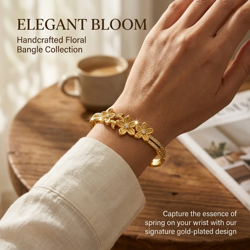 Elegant Gold Color Snap Bracelet, Stainless Steel Zircon Flower Bangle, Luxe Feel Women's Jewelry (60mm Inner Diameter)