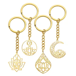 Dawapara Vintage Lotus Flower Keychain The Buddha OM Symbol Crescent Moon Pendant Stainless Steel Accessories Keyring