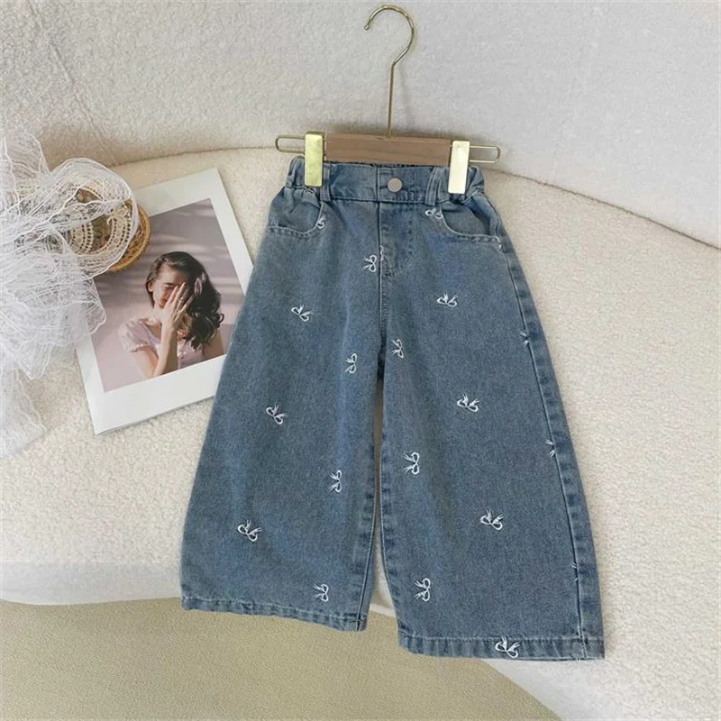2025 New Girls Clothing Sets Spring Autumn Children 2Pcs Outfits Kids Cotton Butterfly Printed Tops Knotbow Wide Leg Jeans Suit