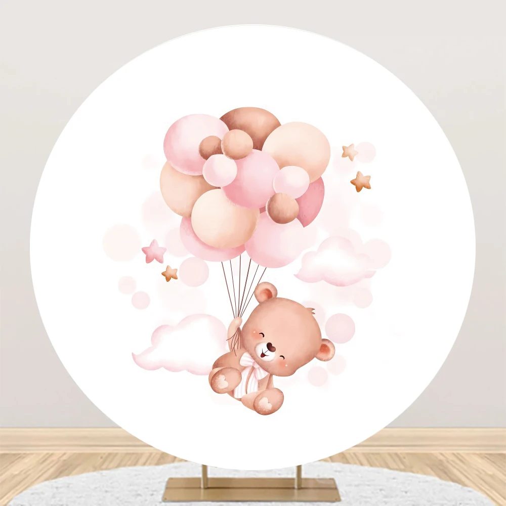 Bear Birthday Party Round Backdrop Balloon Clouds Newborn Baby Shower Customized Photo Photography Backgrounds Polyester Cover