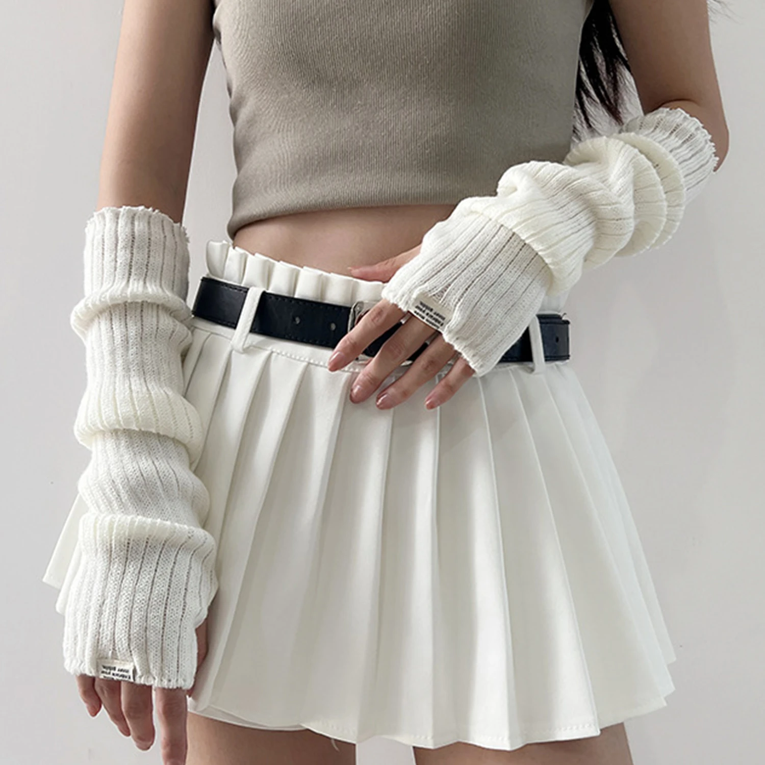 White Lolita Style Long Fingerless Gloves Women Winter Arm Warmer Knitted Arm Sleeve Casual Soft Girls Punk Gothic Mittens