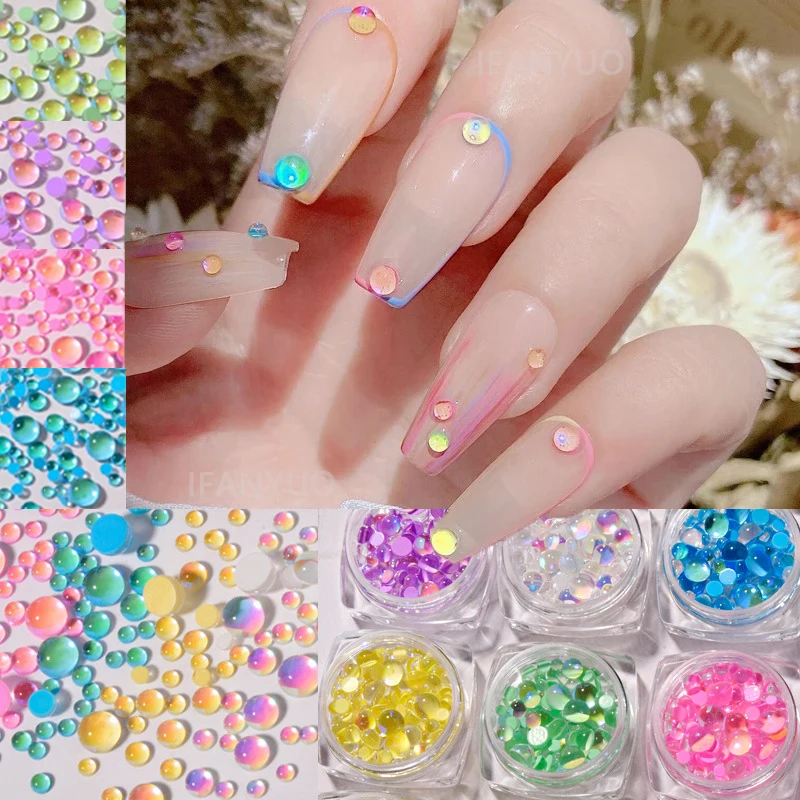 Candy Color Mermaid Round Clear Glass Crystal Bead Hemispherical 3D Nail Art Rhinestones DIY Acrylic Nail Decoration Mixed Size