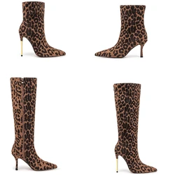 Leopard Print Knee High Boots Winter Pointed 8cm/12cm High Heels Metal Slim Heels Ankle Boots Fashion Zip Street Women's Shoes