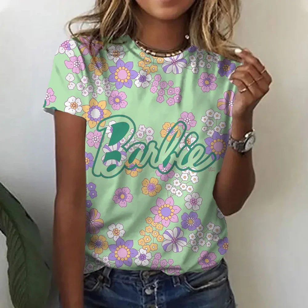 2024 New Women's T-Shirt Short-Sleeved Barbie Cartoon Spring and Summer Casual Round Neck Printed Breathable Tees Tops Gifts