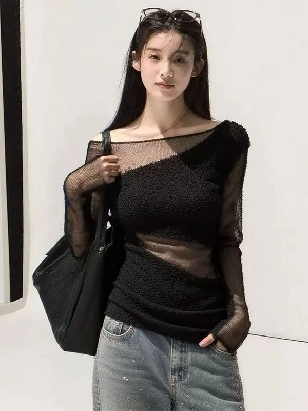 

Unique Black Splice Micro Transparent T-Shirt Women's Style Commute Korean Version Slim Fit Long Sleeve Knitted Color