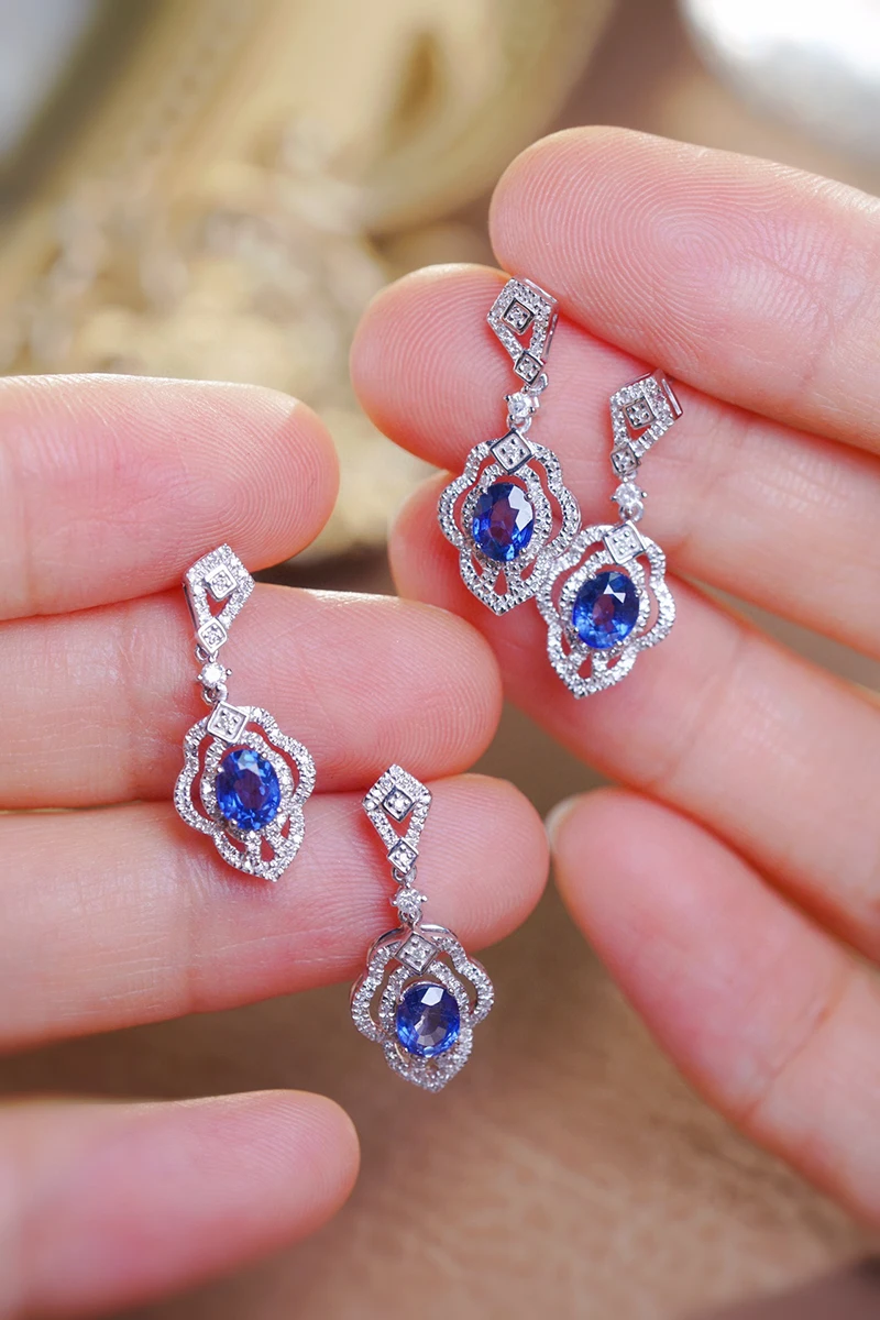 KUGG 100% 18K White Gold Earrings Vintage Flower Design Elegant Style Real Natural Diamond Natural Sapphire Earrings for Women