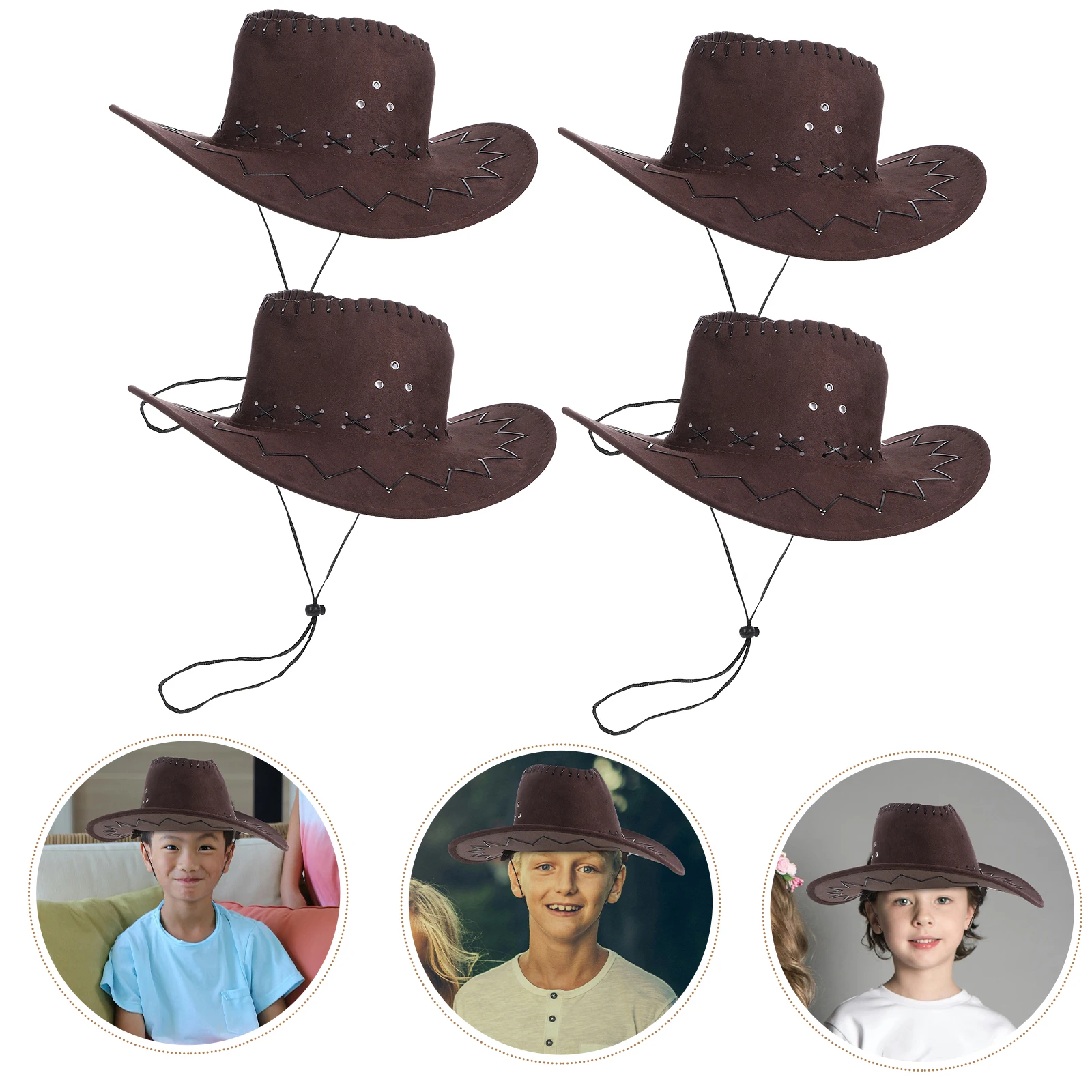 

4pcs Cowboy Hat Deep Coffee Adjustable Rope Durable Material Birthday Party Hats Costume Accessory Western Style Cowgirl