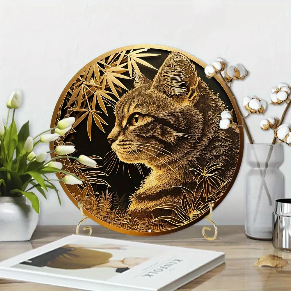 Faux Foil Stamping Papercut Art Painting Round Wreath Decorative Sign Apartment Decor Fathers Gifts Bengal Cat Theme Decoration