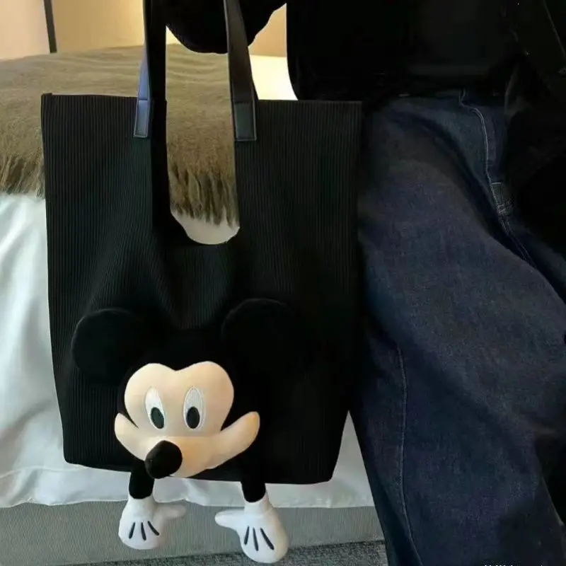 Kawaii Disney Mickey Mouse Black Shoulder Bags Cute Cartoon Corduroy Handbags Unisex Casual Large Capacity Tote Bags For Women