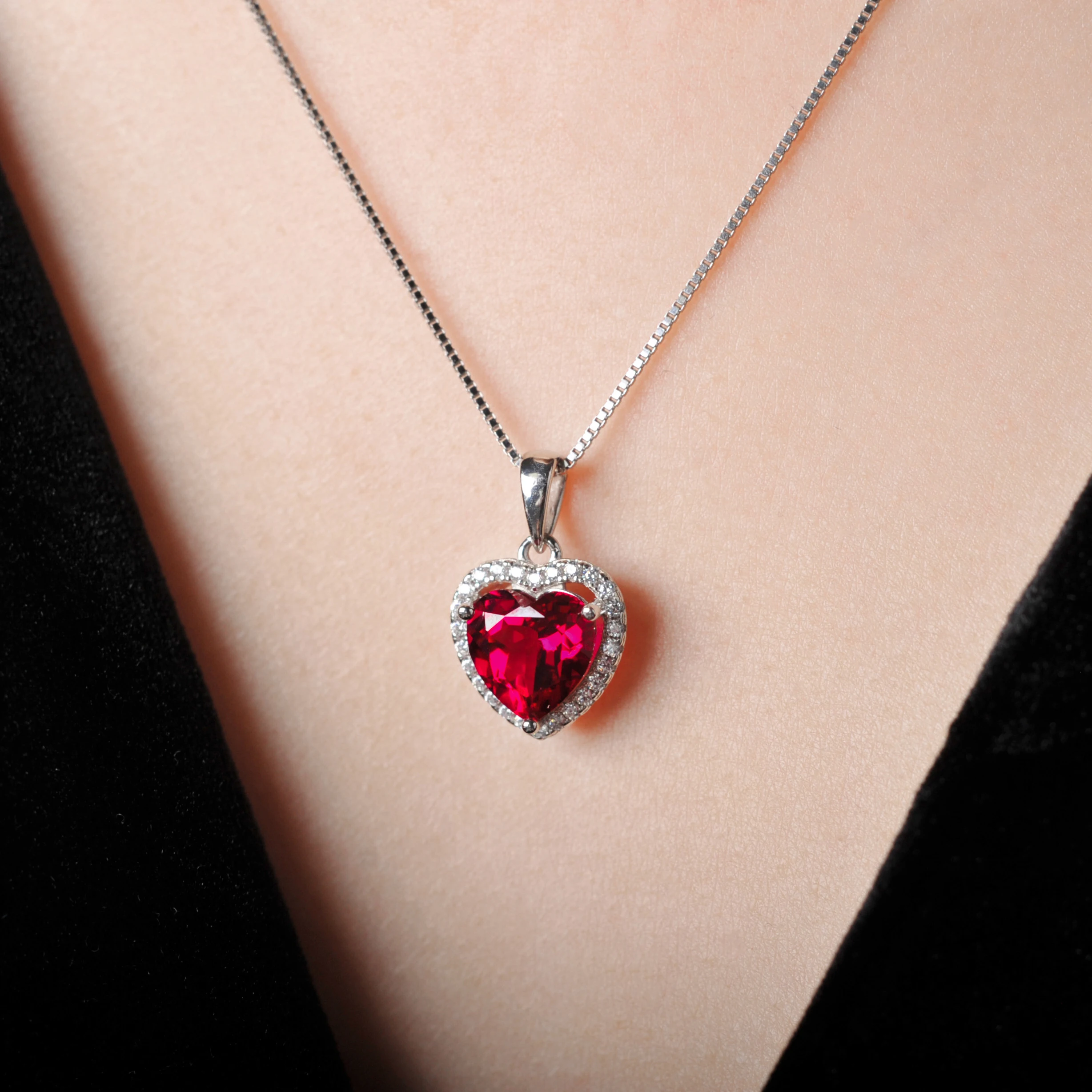 Potiy Heart Shape 3.6ct Created Ruby Pendant Necklace No Chain 925 Sterling Silver for Women Daily Wedding Party Jewelry