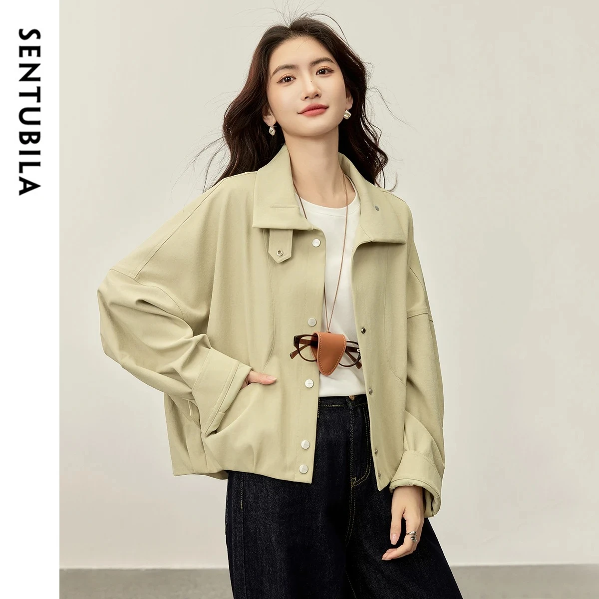 SENTUBILA Casual Jacket for Women 2026 Spring Cocoon Hem Drop Shoulder Long Sleeve Loose-Fit Overcoat Woman Clothes 153WB2181