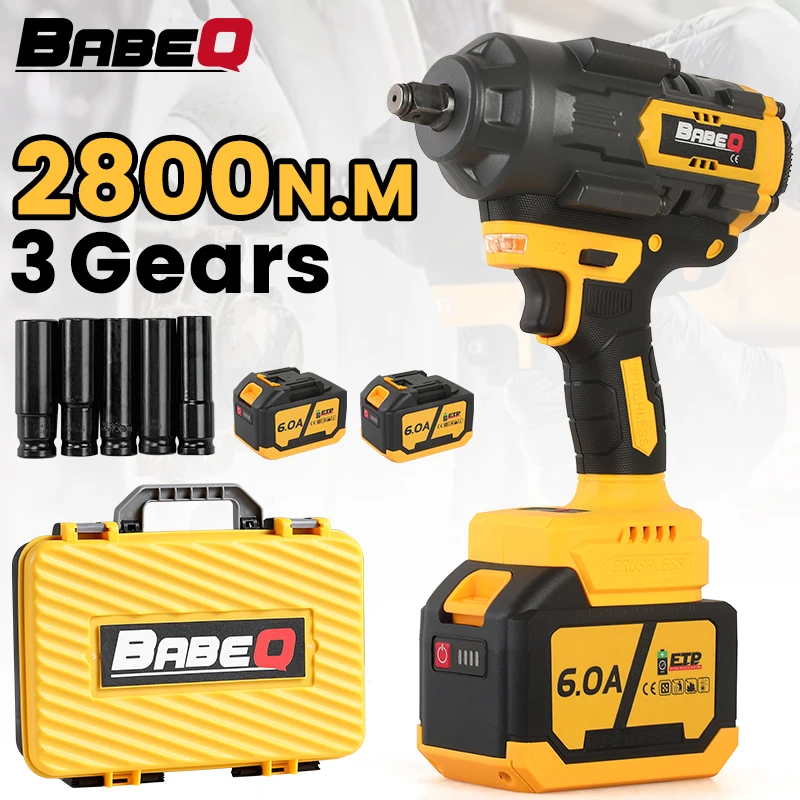 

BABEQ 2800N.M Torque Brushless Electric Impact Wrench 1/2" Socket Wrench Screwdriver Car Repair Tool For Makita 18V Battery Pins