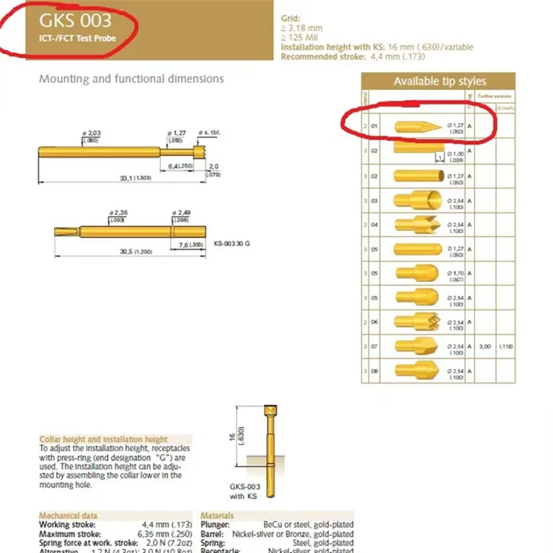 100PCS Original INGUN steel probe GKS003 201 170 A2000 pointed outer diameter 2.02mm spring test probe  for ICT