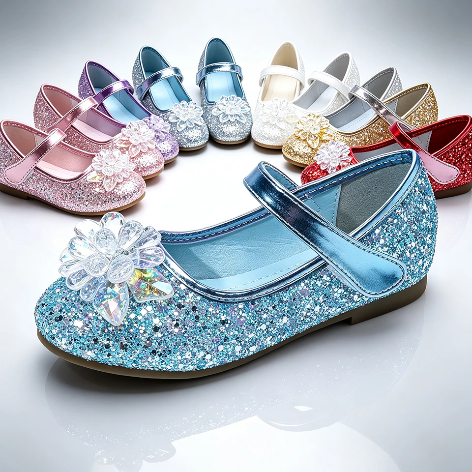 Shiny Sequin Girls Glitter Princess Mary Jane Shoes Sparkly 3D Crystal Flower Halloween Cosplay Birthday Party School Flat Shoes