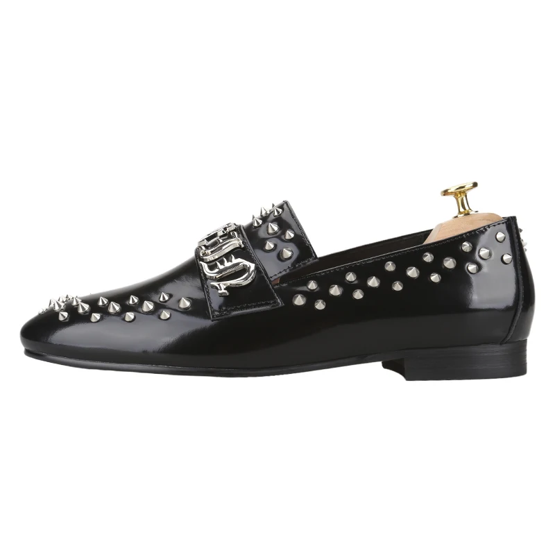 Piergitar Handmade Sliver Spikes And Letters Metal Buckle Slip-On Loafers For Party Black Genuine Leather Men's Smoking Slippers