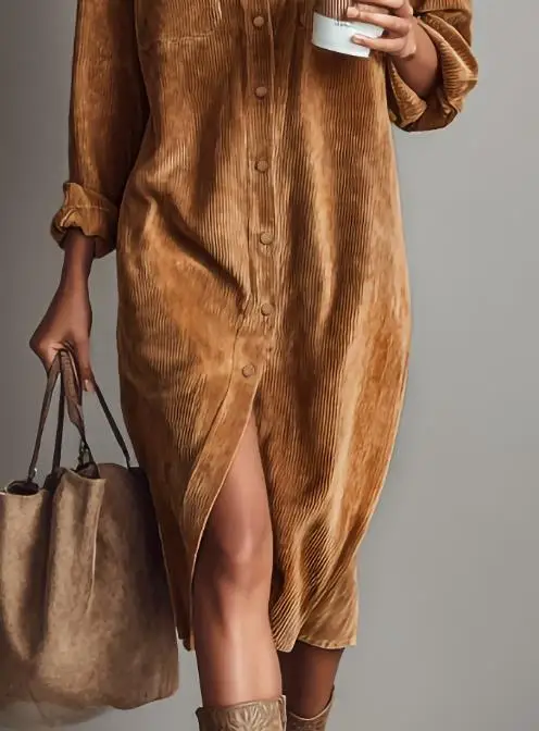 

Womens Dresses 2026 Spring Autumn Retro Solid Color Turn-Down Collar Long Sleeved Casual Single Breasted Mid Length Shirt Dress