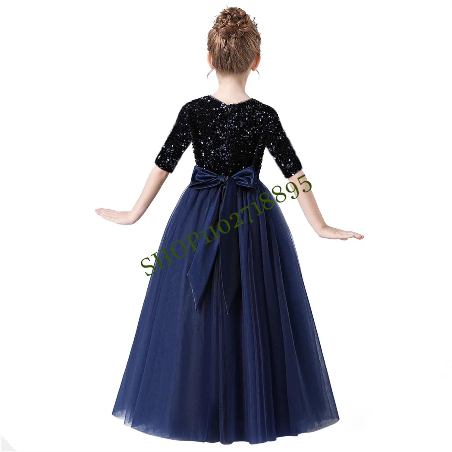 

Sequin Half Sleeves Christmas Long Tulle Junior Concert Bithday Party Pageant Gown Wedding Dress For Girl