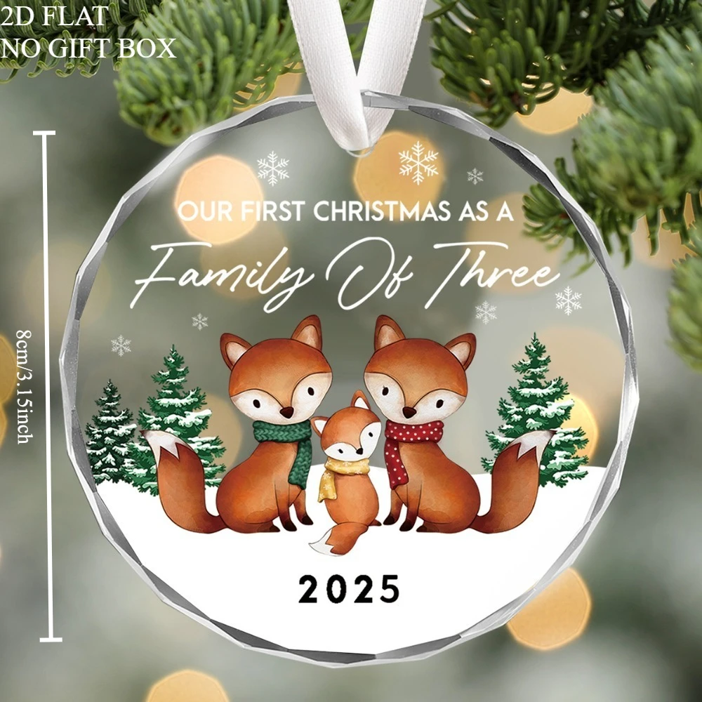 مسطح ثنائي الأبعاد، 1 كريستال ثلاثي الأجيال للعائلة أول زينة عيد الميلاد - تذكار كروي شفاف 8.0 سم مع عائلة الثعلب