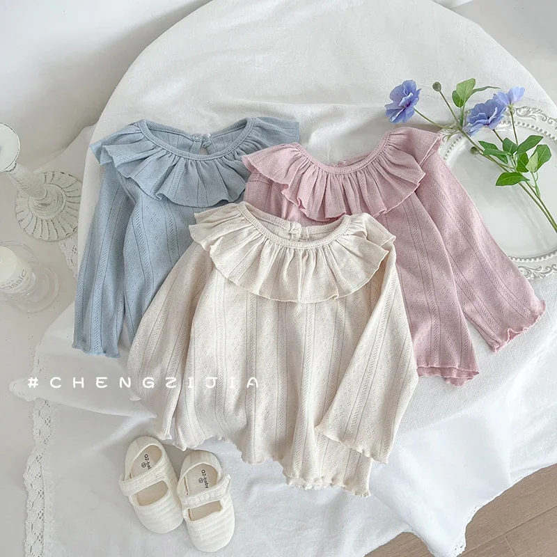 

Korean Version Women's Clothing Long Sleeved T-shirt 2025 Spring Baby Fashion Lotus Collar Loose Cotton Base Shirt