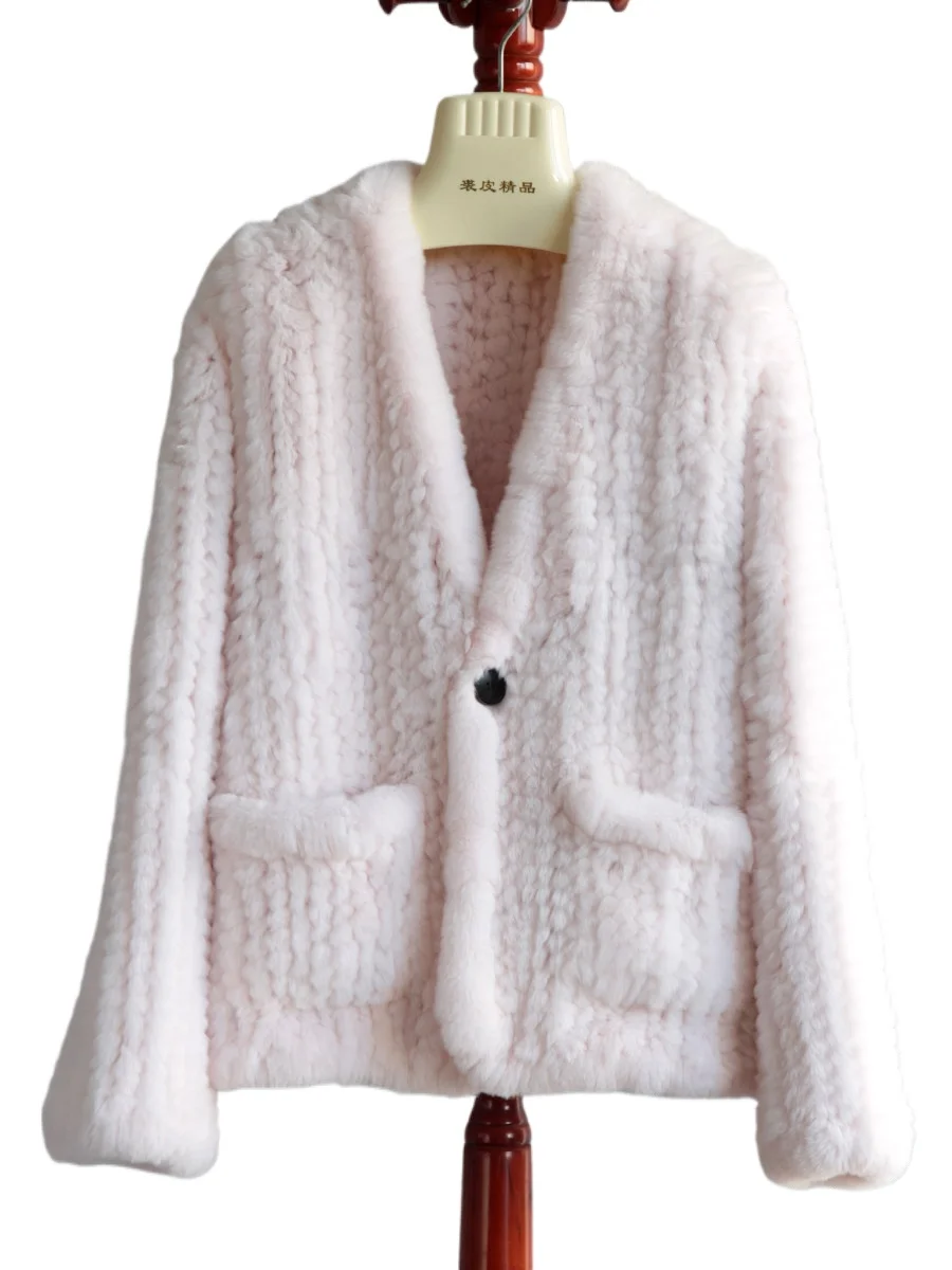 

2025 Imported Rex rabbit woven fur jacket cardigan Korean version medium and long silhouette double-sided thickened young model