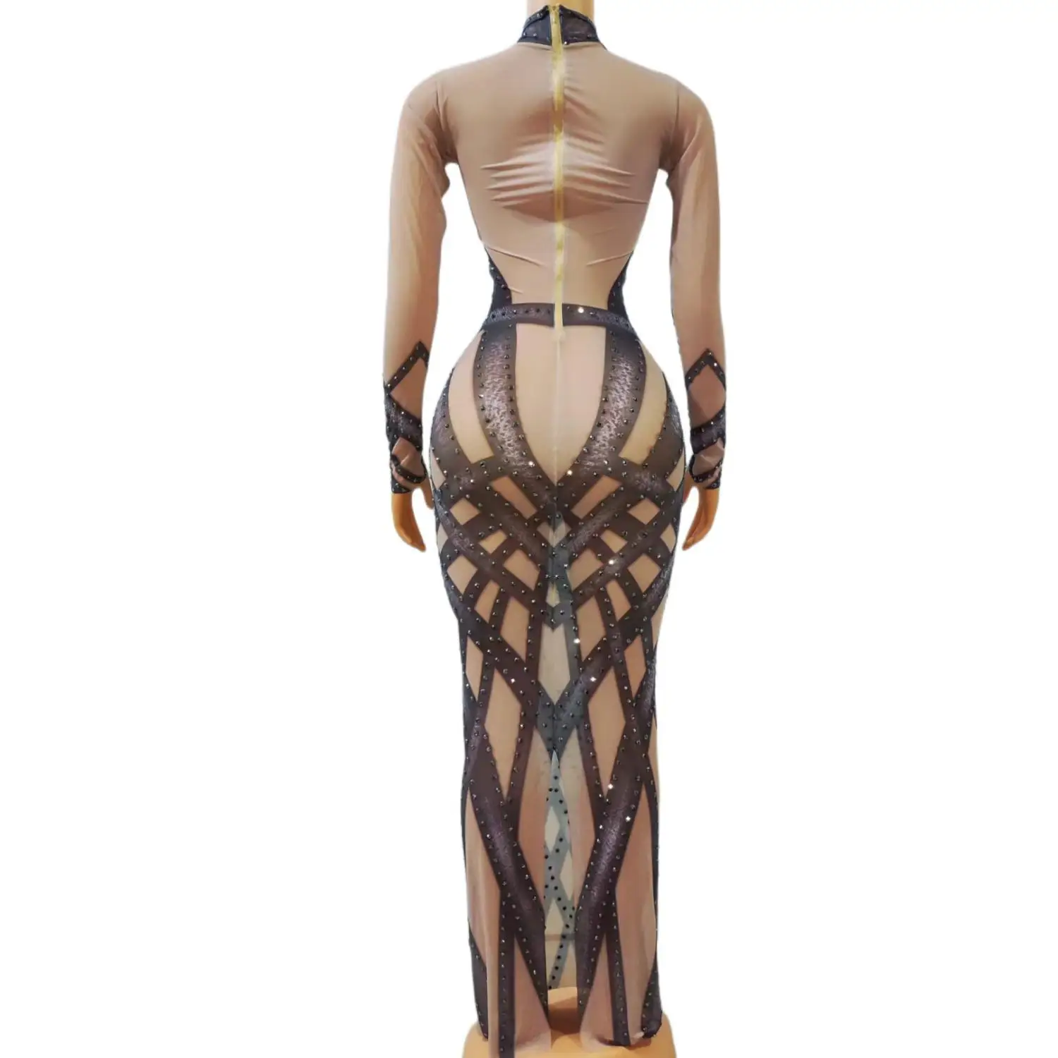 Jiaocuo Black Brown Geometric Rhinestone Sheer Mesh Long Sleeve Maxi Dress for Drag Queen Burlesque Cabaret Stage Performances view 4