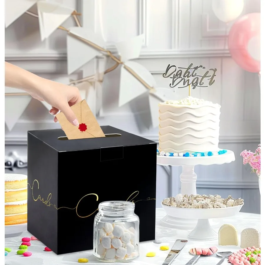 パーティー用大型カードボックス 9.8インチ x 9.8インチ ブラック ギフトカードボックスホルダー ゴールド箔デザイン 結婚式 誕生日 ベビーシャワー 退職祝い用