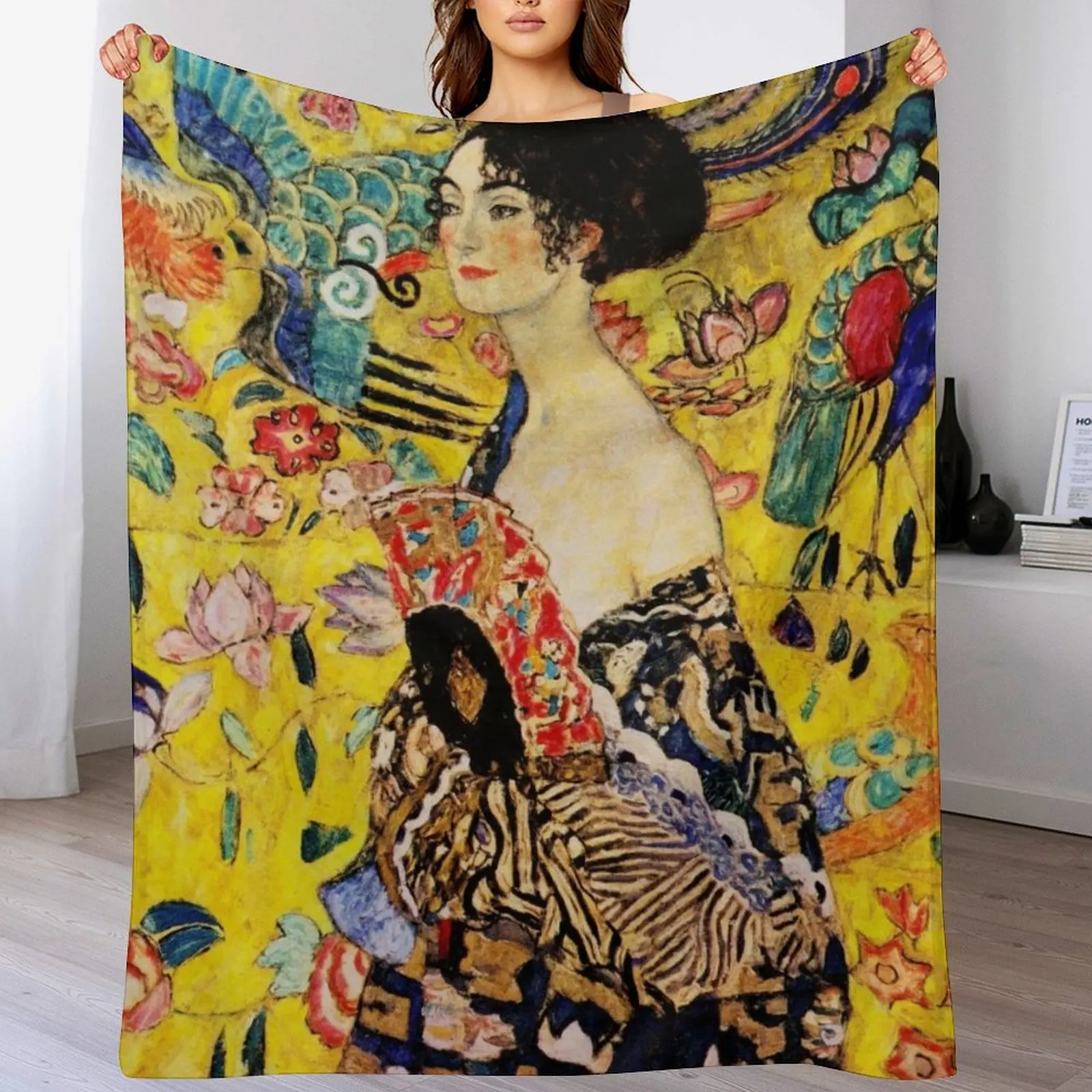 Lady with Fan | Gustav Klimt Art Nouveau-Modern Japonism Inspired Throw Blanket Giant Sofa Cute Blankets