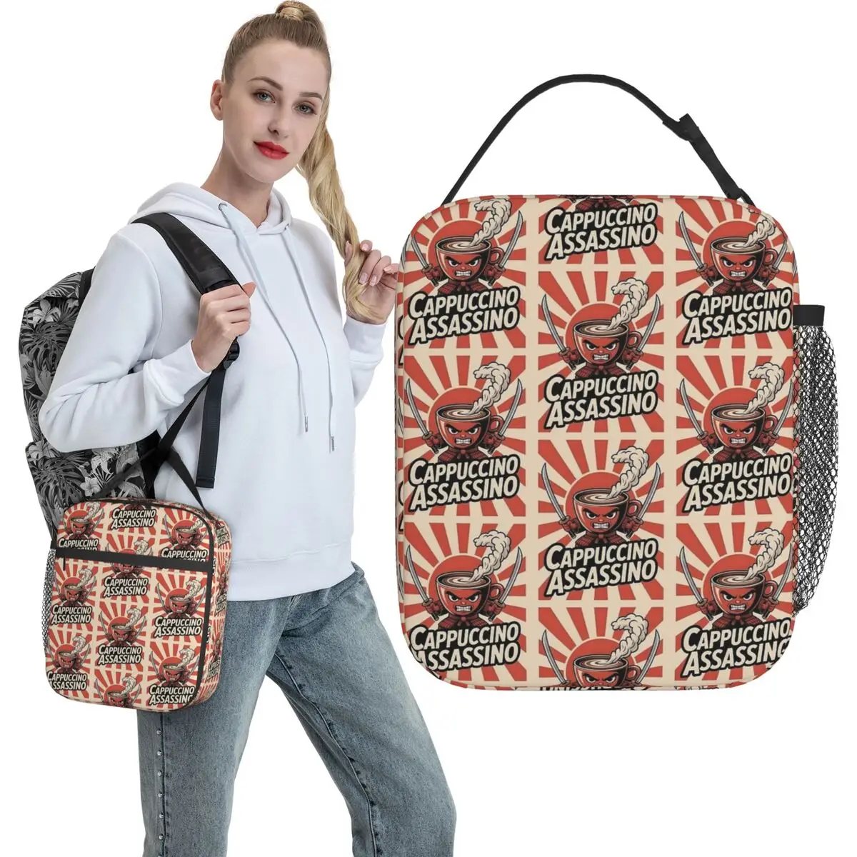 Cappuccino Assassino Italian Meme Lunch Bag Fashion Lunch Box For Women Office Portable Cooler Bag Oxford Print Tote Food Bags