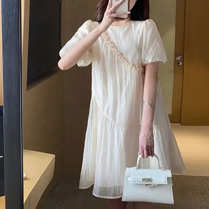 Korean Short Sleeve Midi Dress Women\'s Clothing Casual Round Neck Summer Thin Fashion Folds Spliced Commute Solid Color Dresses