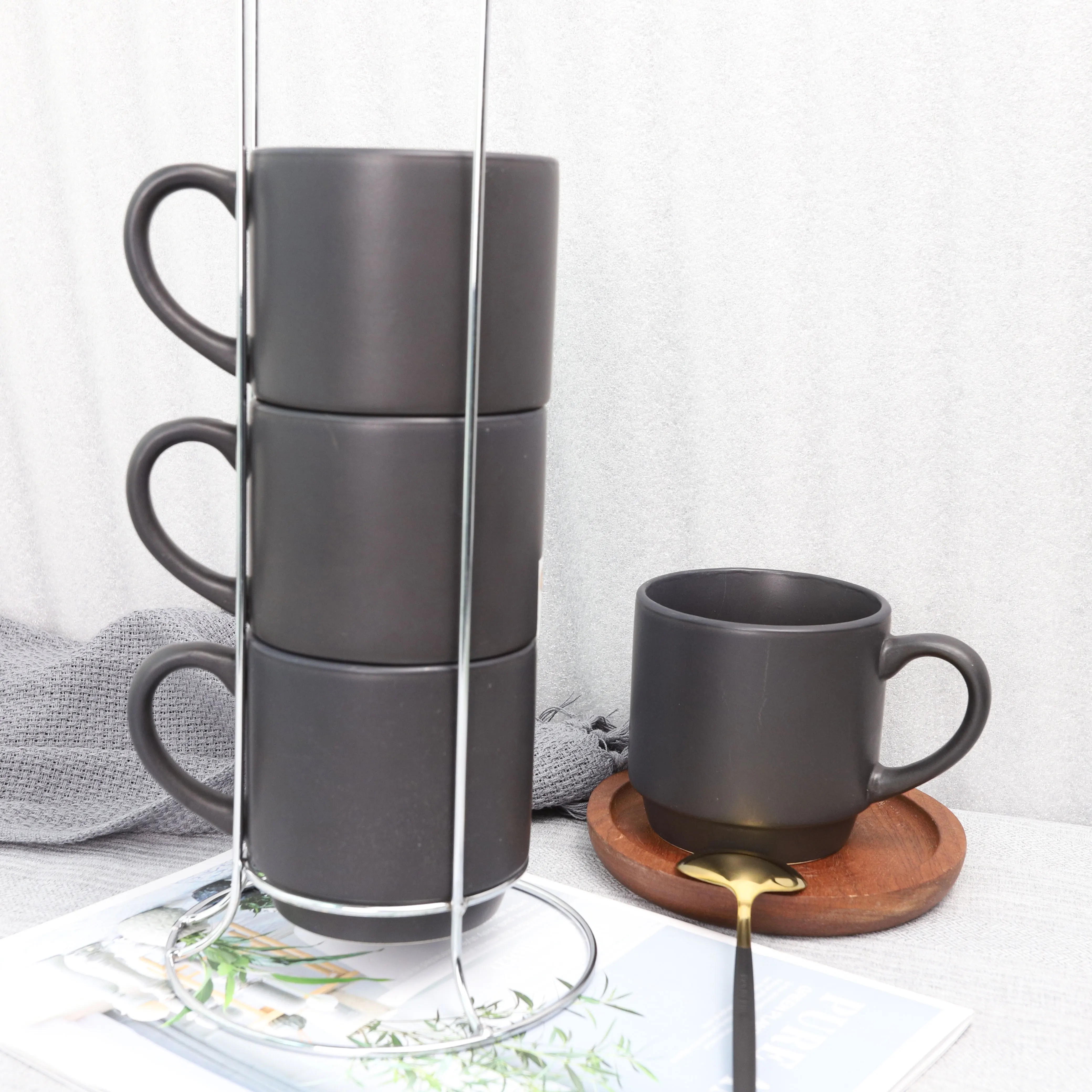 coffee drinks cappuccino latte Americano tea set of 4 black 14.5 oz porcelain cup stackable mugs with metal stand