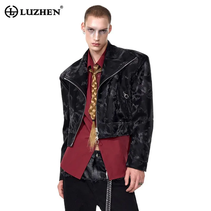 LUZHEN Fashion Personalized High Street Pattern Printed Short Leather Jacket Men New 2025 Autumn Shoulder Pad Design Coat JY3922